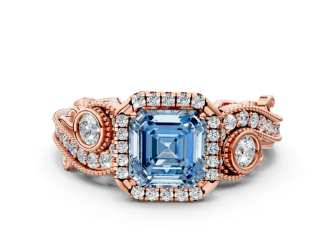 Rose gold Fancy Blue Asscher Cut Halo Diamond Ring with Milgrain and Bezel Accents on a Split Shank Band