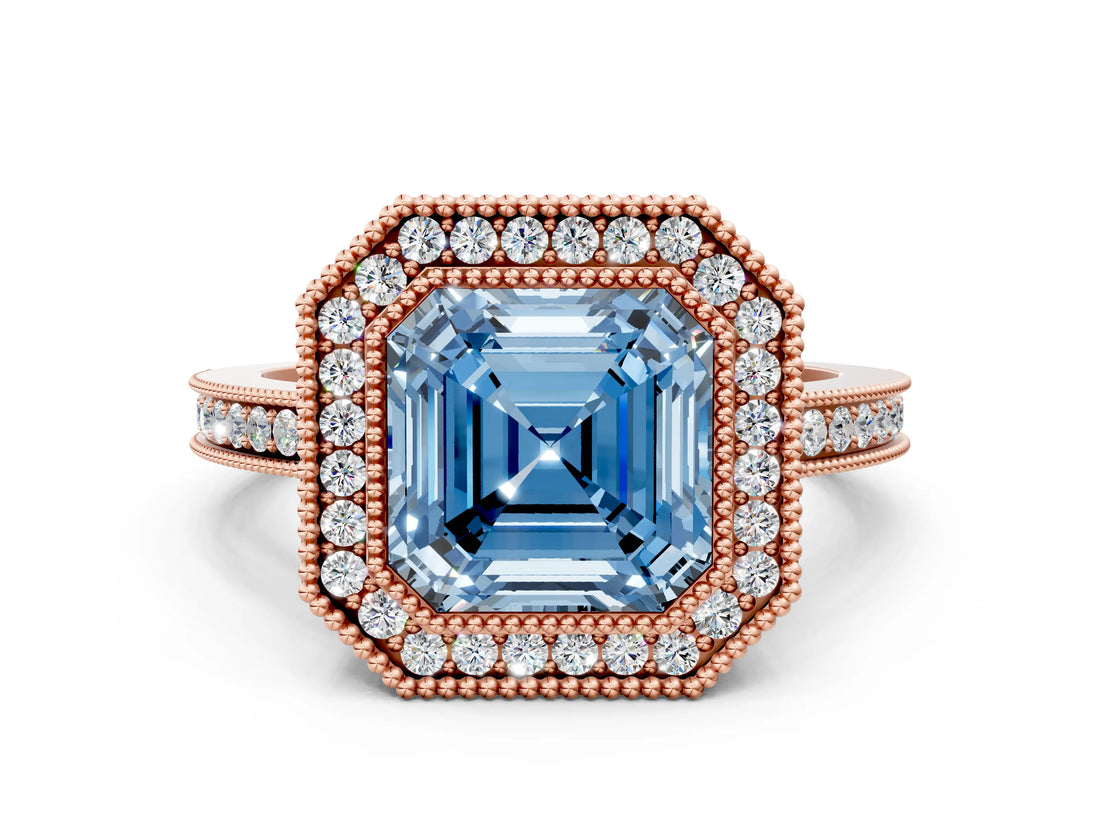 Rose gold Fancy Blue Asscher  Cut Halo Diamond Ring with Pavé Band and Milgrain Prong Setting_48