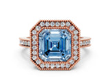 Rose gold Fancy Blue Asscher  Cut Halo Diamond Ring with Pavé Band and Milgrain Prong Setting_48