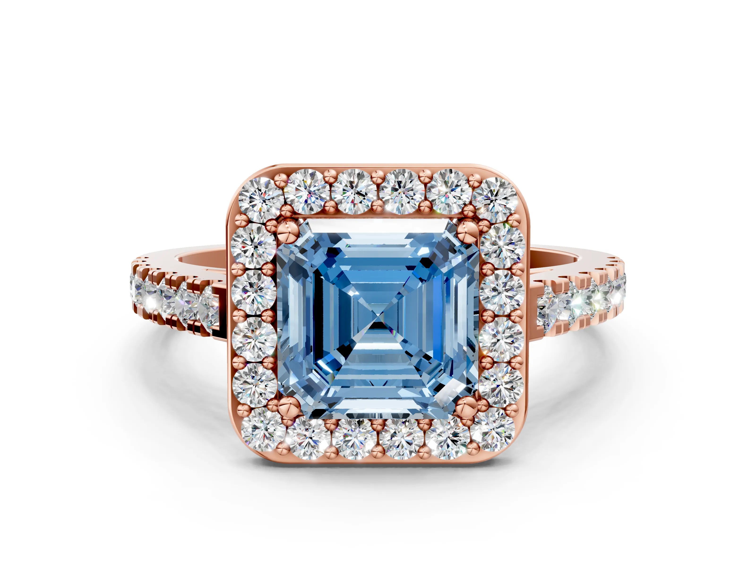 Rose gold Fancy Blue Asscher Cut Halo Diamond Ring with Pavé Band and Three-Prong Setting