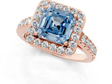 Rose gold Fancy Blue Asscher Cut Halo Diamond Ring with Pavé Band and Three-Prong Setting_1