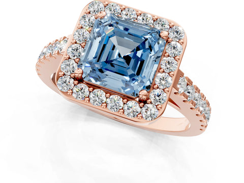 Rose gold Fancy Blue Asscher Cut Halo Diamond Ring with Pavé Band and Three-Prong Setting_1