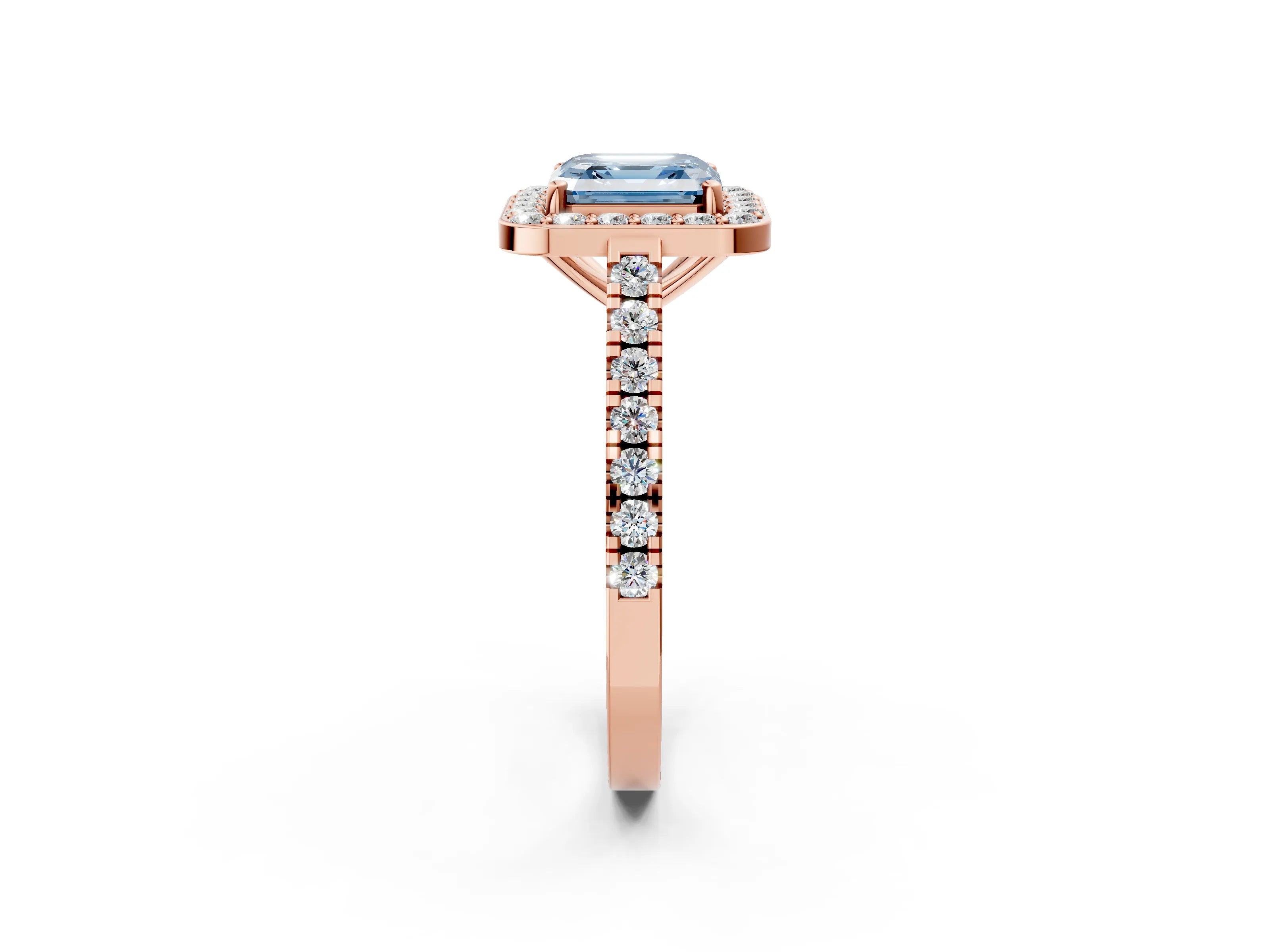 Rose gold Fancy Blue Asscher Cut Halo Diamond Ring with Pavé Band and Three-Prong Setting_2