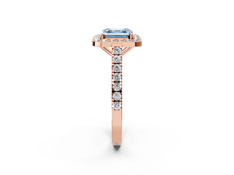 Rose gold Fancy Blue Asscher Cut Halo Diamond Ring with Pavé Band and Three-Prong Setting_2