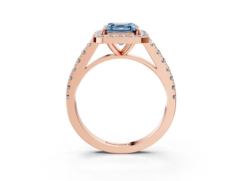 Rose gold Fancy Blue Asscher Cut Halo Diamond Ring with Pavé Band and Three-Prong Setting_3