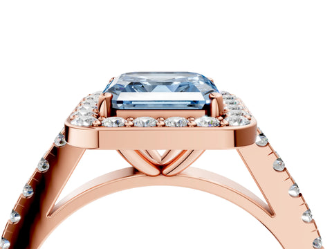 Rose gold Fancy Blue Asscher Cut Halo Diamond Ring with Pavé Band and Three-Prong Setting_4