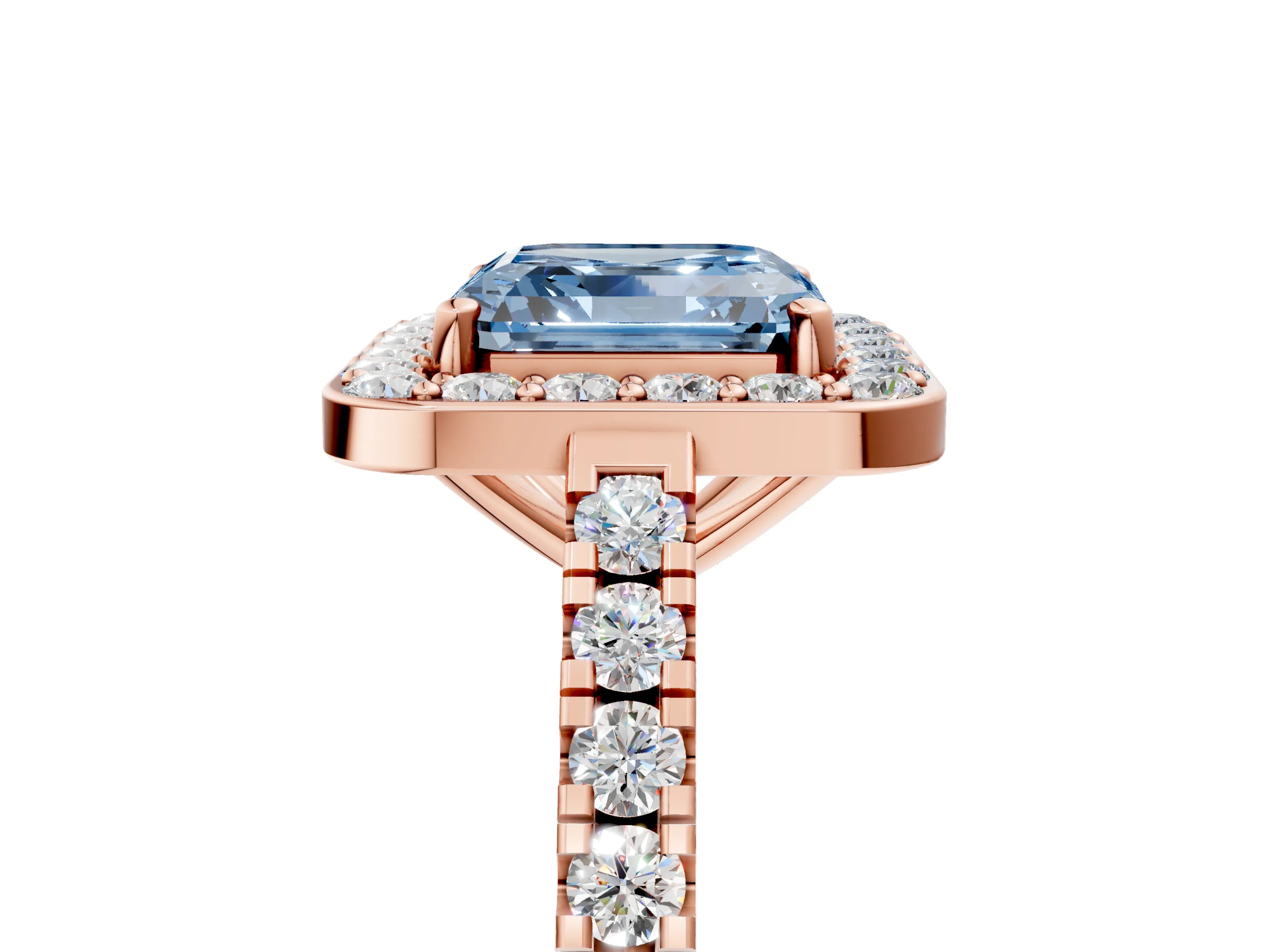 Rose gold Fancy Blue Asscher Cut Halo Diamond Ring with Pavé Band and Three-Prong Setting_5