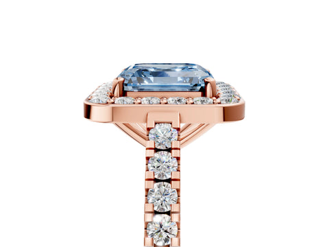 Rose gold Fancy Blue Asscher Cut Halo Diamond Ring with Pavé Band and Three-Prong Setting_5