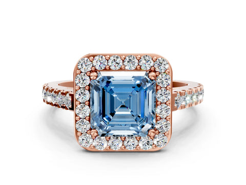 Rose gold Fancy Blue Asscher Cut Halo Diamond Ring with Pavé Band and Three-Prong Setting