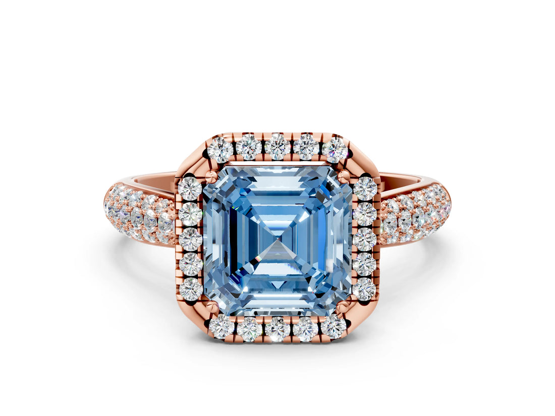 Rose gold Fancy Blue Asscher Cut Halo Diamond Ring with Pavé Band