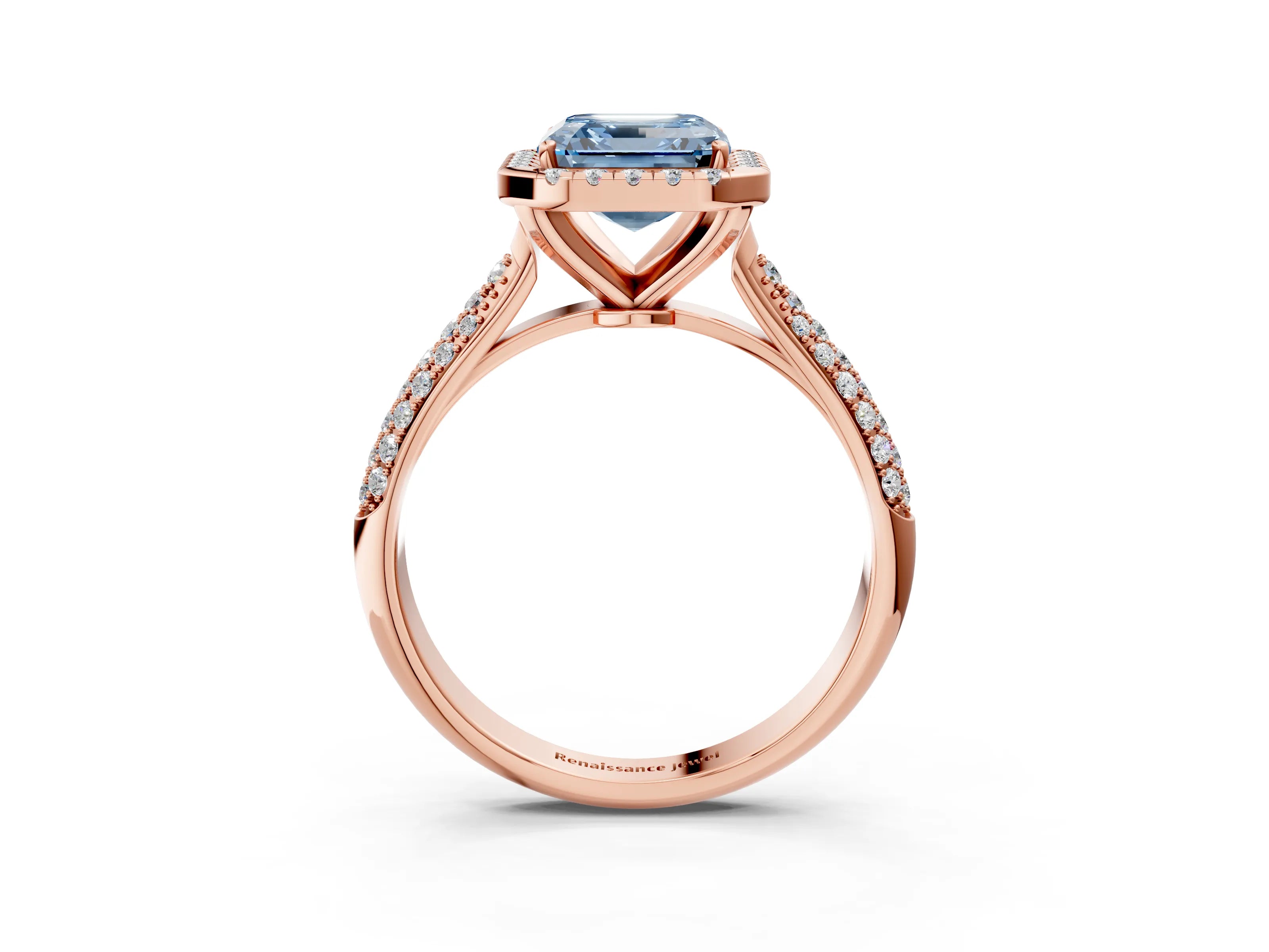 Rose gold Fancy Blue Asscher Cut Halo Diamond Ring with Pavé Band_3