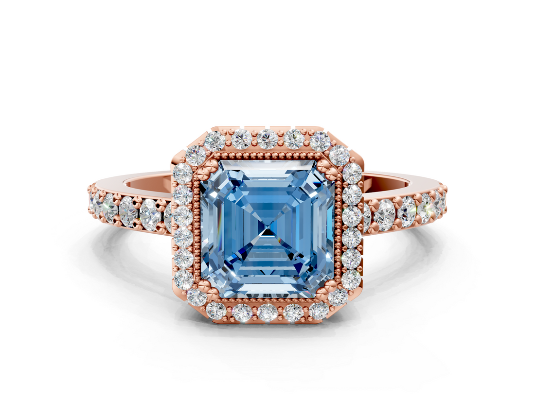 Rose gold Fancy Blue Asscher  Cut Halo Diamond Ring with Pave Band and Four-Prong Setting_17