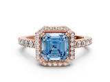 Rose gold Fancy Blue Asscher  Cut Halo Diamond Ring with Pave Band and Four-Prong Setting_17