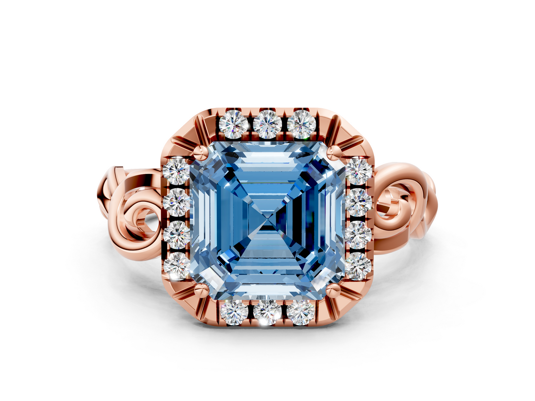 Rose gold Fancy Blue Asscher  Cut Halo Diamond Ring with Scrollwork Band and Four-Prong Setting