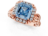 Rose gold Fancy Blue Asscher  Cut Halo Diamond Ring with Scrollwork Band and Four-Prong Setting_1