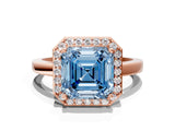 Rose gold Fancy Blue Asscher Cut Halo Diamond Ring with Solitaire Band and Prong Setting