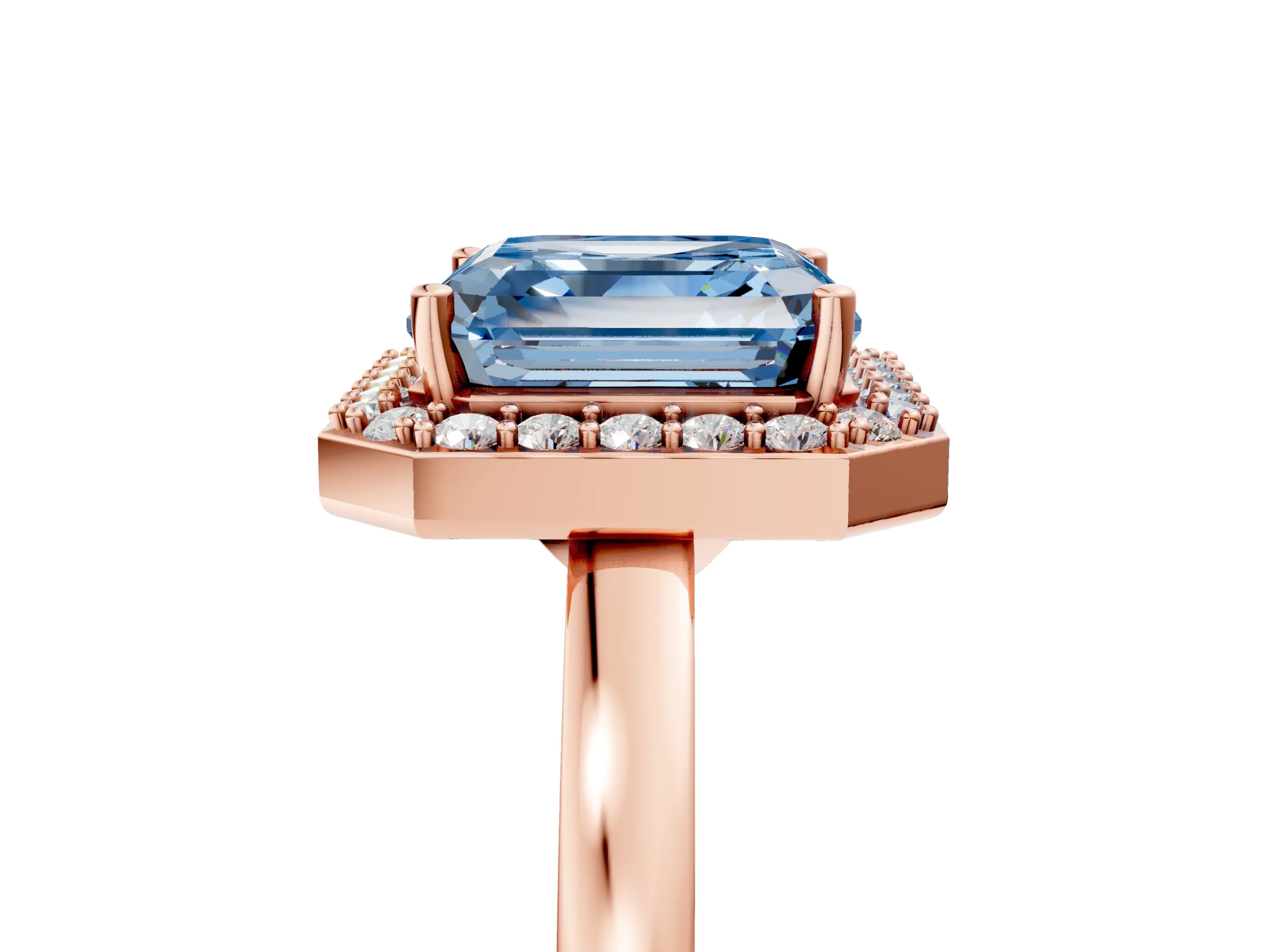 Rose gold Fancy Blue Asscher Cut Halo Diamond Ring with Solitaire Band and Prong Setting_5