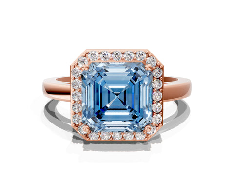 Rose gold Fancy Blue Asscher Cut Halo Diamond Ring with Solitaire Band and Prong Setting