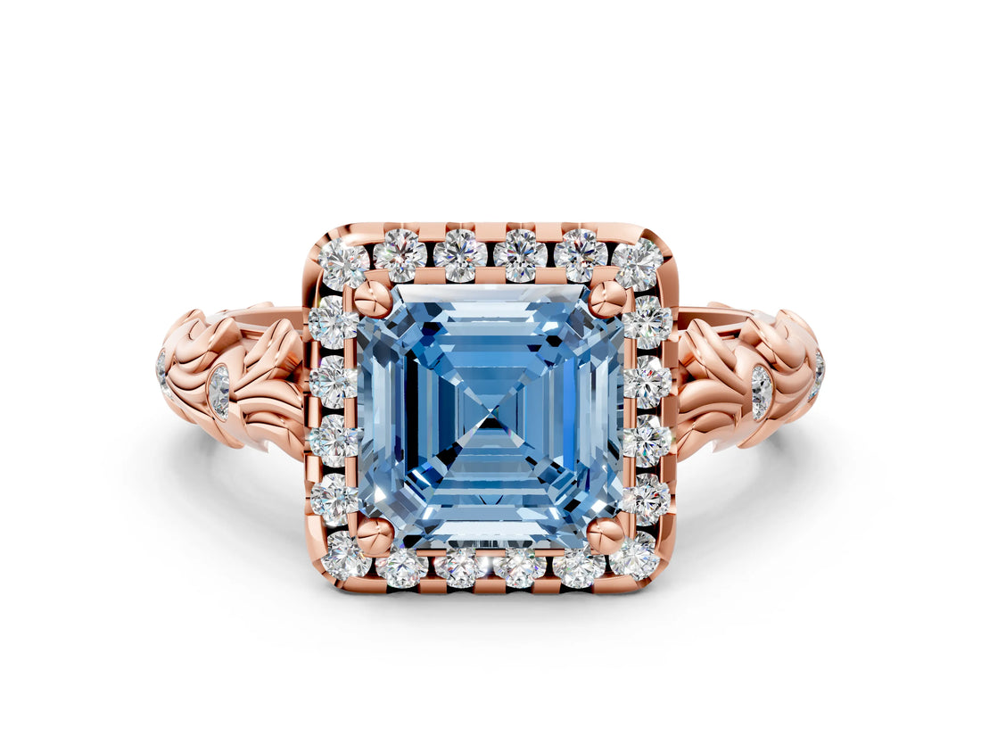 Rose gold Fancy Blue Asscher Cut Halo Diamond Solitaire with Filigree Band and Four-Prong Setting