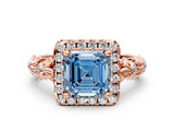 Rose gold Fancy Blue Asscher Cut Halo Diamond Solitaire with Filigree Band and Four-Prong Setting