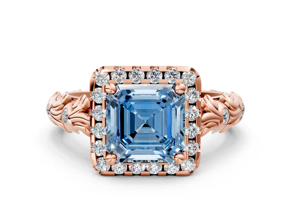 Rose gold Fancy Blue Asscher Cut Diamond Halo Ring with Filigree Band and Prong Setting