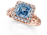 Rose gold Fancy Blue Asscher Cut Halo Diamond Solitaire with Filigree Band and Four-Prong Setting_1