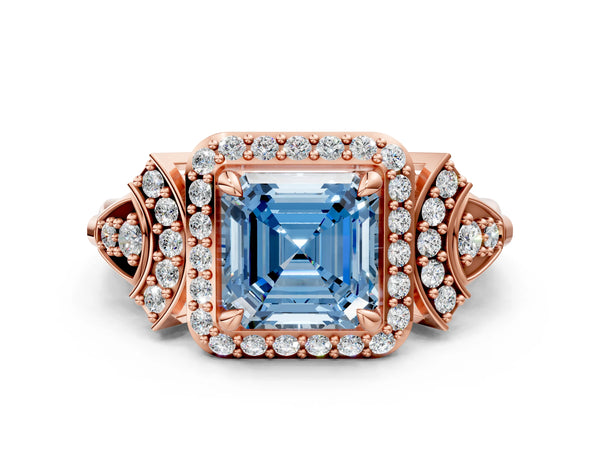Rose gold Fancy Blue Asscher Cut Halo Diamond Split Shank Engagement Ring with Four-Prong Setting
