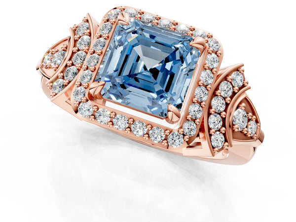 Rose gold Fancy Blue Asscher Cut Halo Diamond Split Shank Engagement Ring with Four-Prong Setting