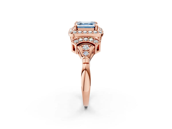 Rose gold Fancy Blue Asscher Cut Halo Diamond Split Shank Engagement Ring with Four-Prong Setting