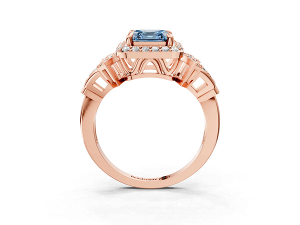 Rose gold Fancy Blue Asscher Cut Halo Diamond Split Shank Engagement Ring with Four-Prong Setting