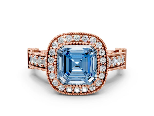 Rose Gold Asscher Cut Vintage Bezel Halo Engagement Ring Setting for Fancy Blue Center