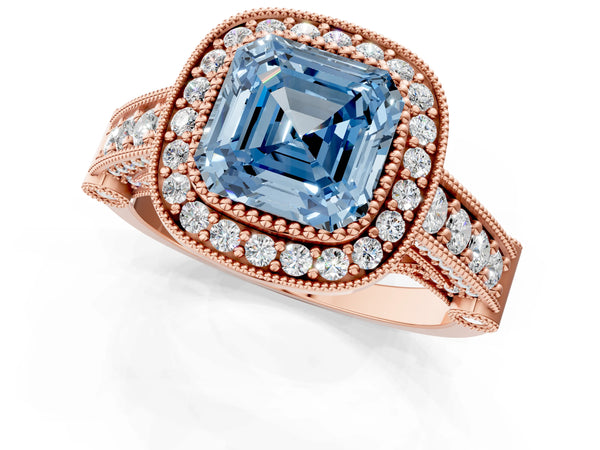 Rose Gold Asscher Cut Vintage Bezel Halo Engagement Ring Setting for Fancy Blue Center