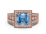 Rose gold Fancy Blue Asscher Cut Halo Diamond Split Shank Ring with Prong Setting