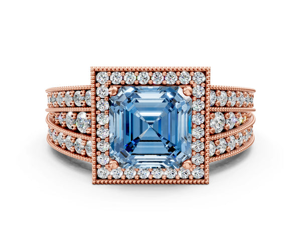 Rose gold Fancy Blue Asscher Cut Halo Diamond Split Shank Ring with Prong Setting