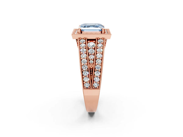 Rose gold Fancy Blue Asscher Cut Halo Diamond Split Shank Ring with Prong Setting