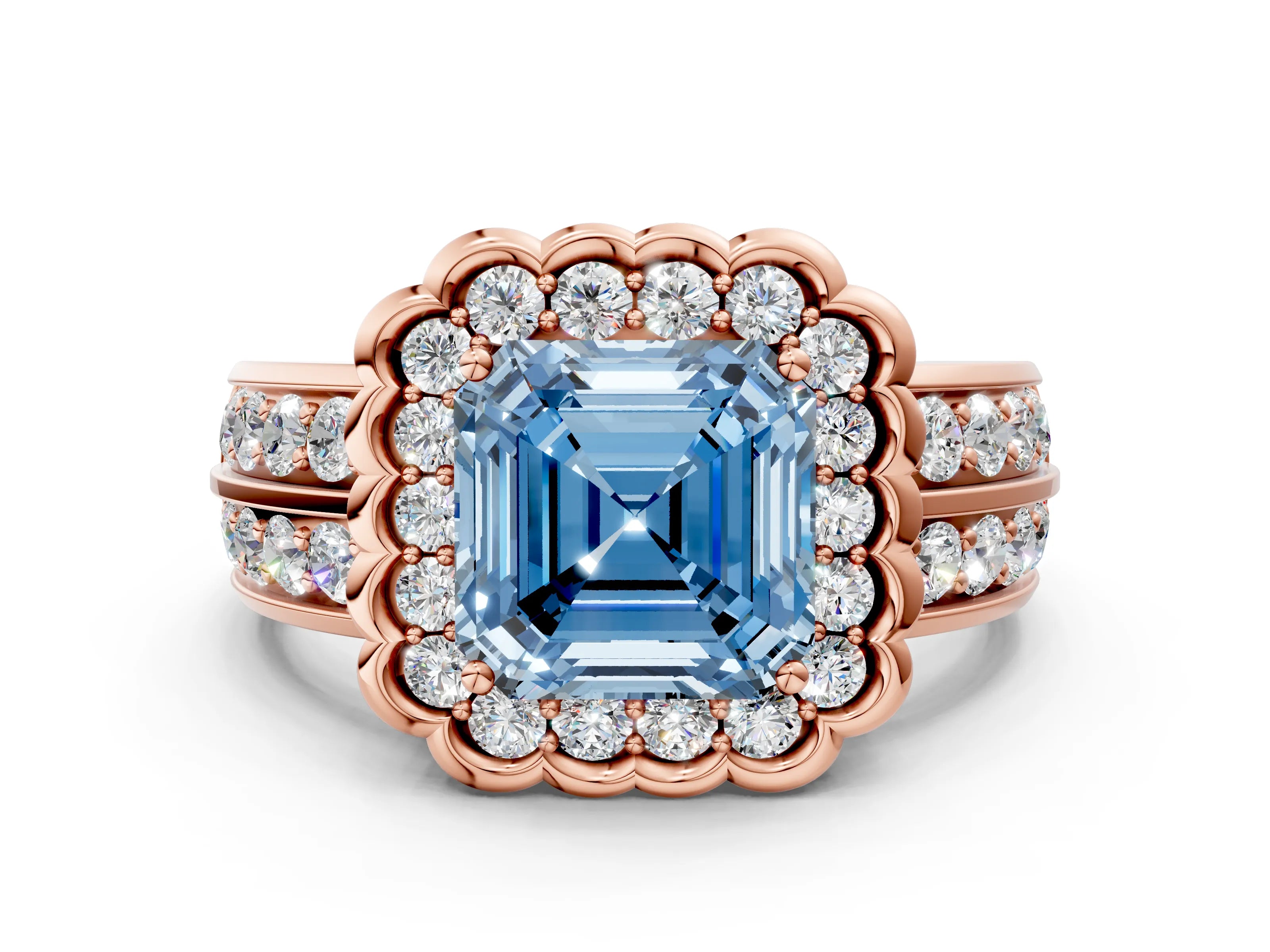 Rose gold Fancy Blue Asscher Cut Halo Diamond Split Shank Ring with Scalloped Prong Setting