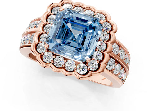 Rose gold Fancy Blue Asscher Cut Halo Diamond Split Shank Ring with Scalloped Prong Setting_1