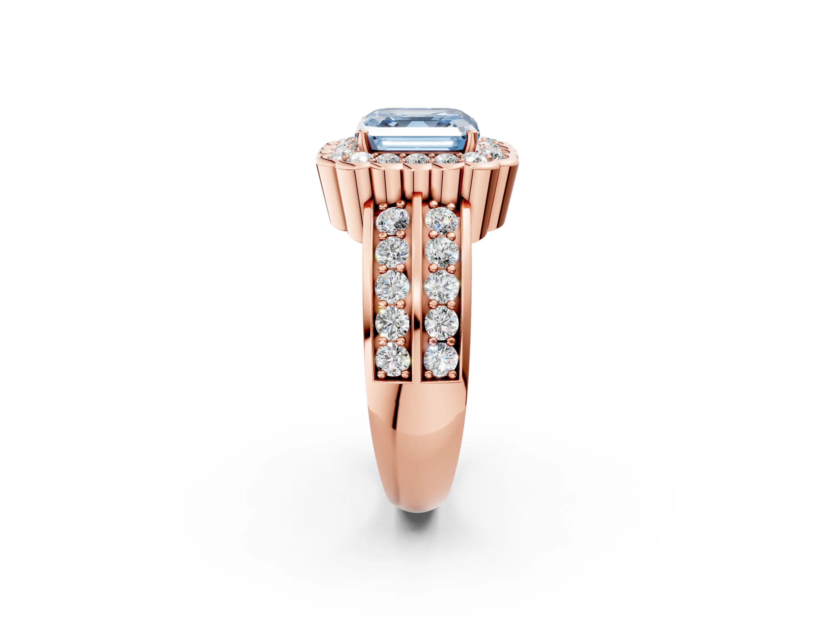 Rose gold Fancy Blue Asscher Cut Halo Diamond Split Shank Ring with Scalloped Prong Setting_2