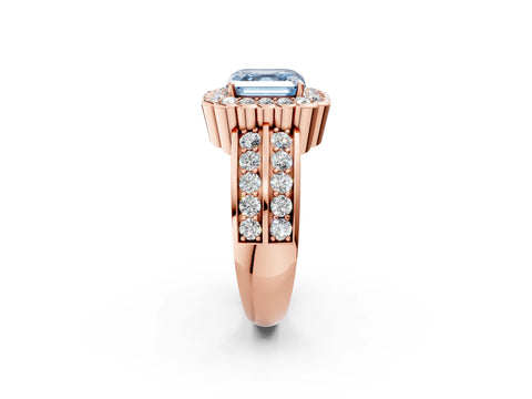 Rose gold Fancy Blue Asscher Cut Halo Diamond Split Shank Ring with Scalloped Prong Setting_2