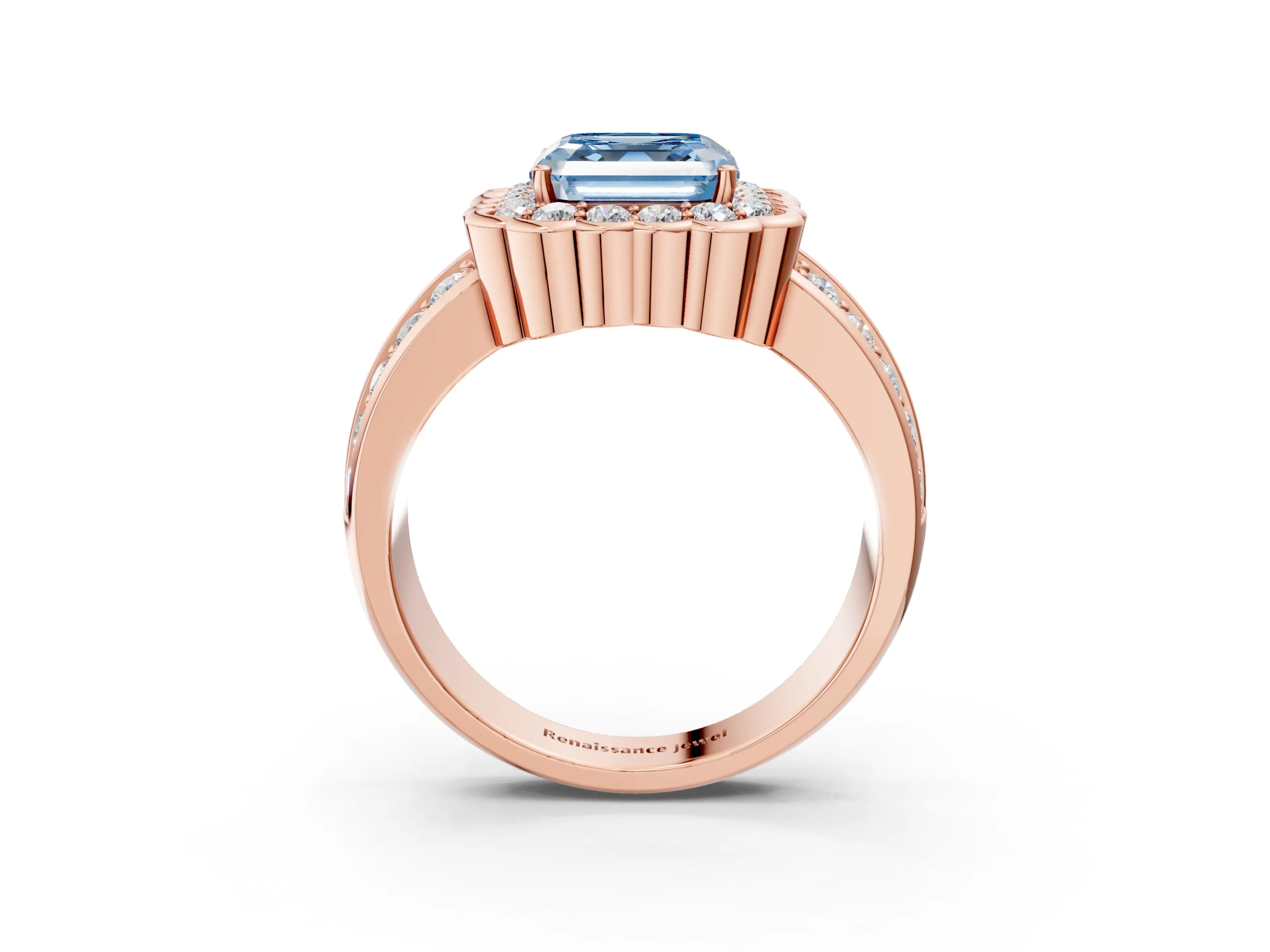 Rose gold Fancy Blue Asscher Cut Halo Diamond Split Shank Ring with Scalloped Prong Setting_3