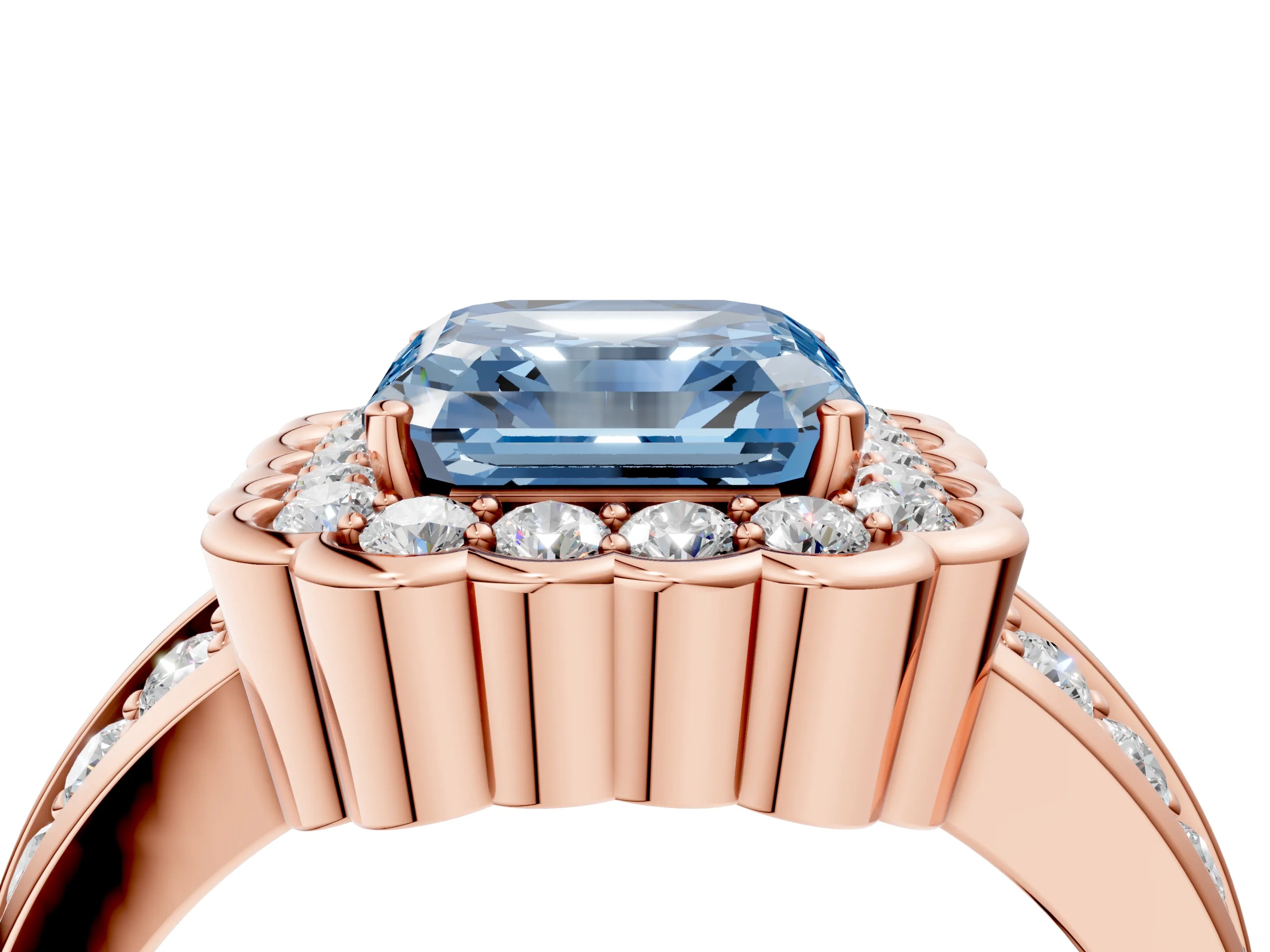 Rose gold Fancy Blue Asscher Cut Halo Diamond Split Shank Ring with Scalloped Prong Setting_4