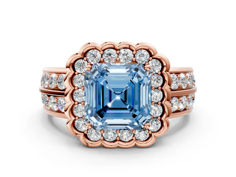 Rose gold Fancy Blue Asscher Cut Halo Diamond Split Shank Ring with Scalloped Prong Setting
