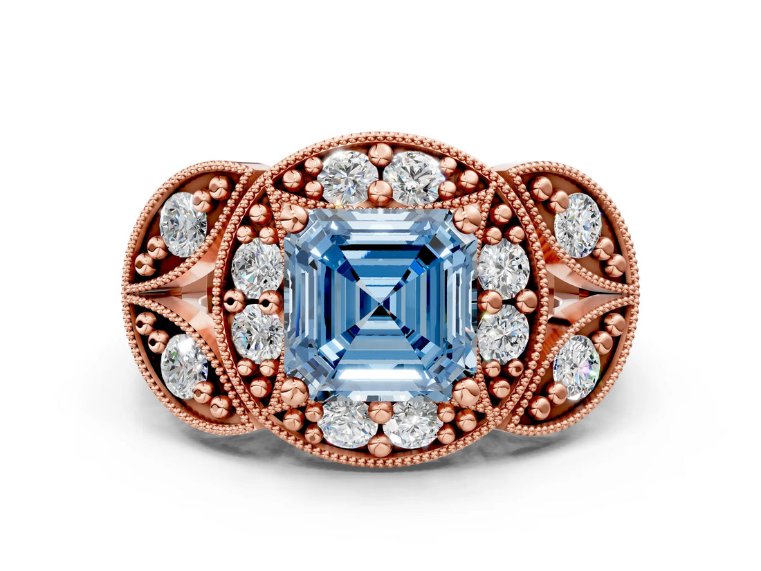 Rose gold Fancy Blue Asscher Cut Halo Milgrain Diamond Engagement Ring with Leaf Band and Four-Prong Setting