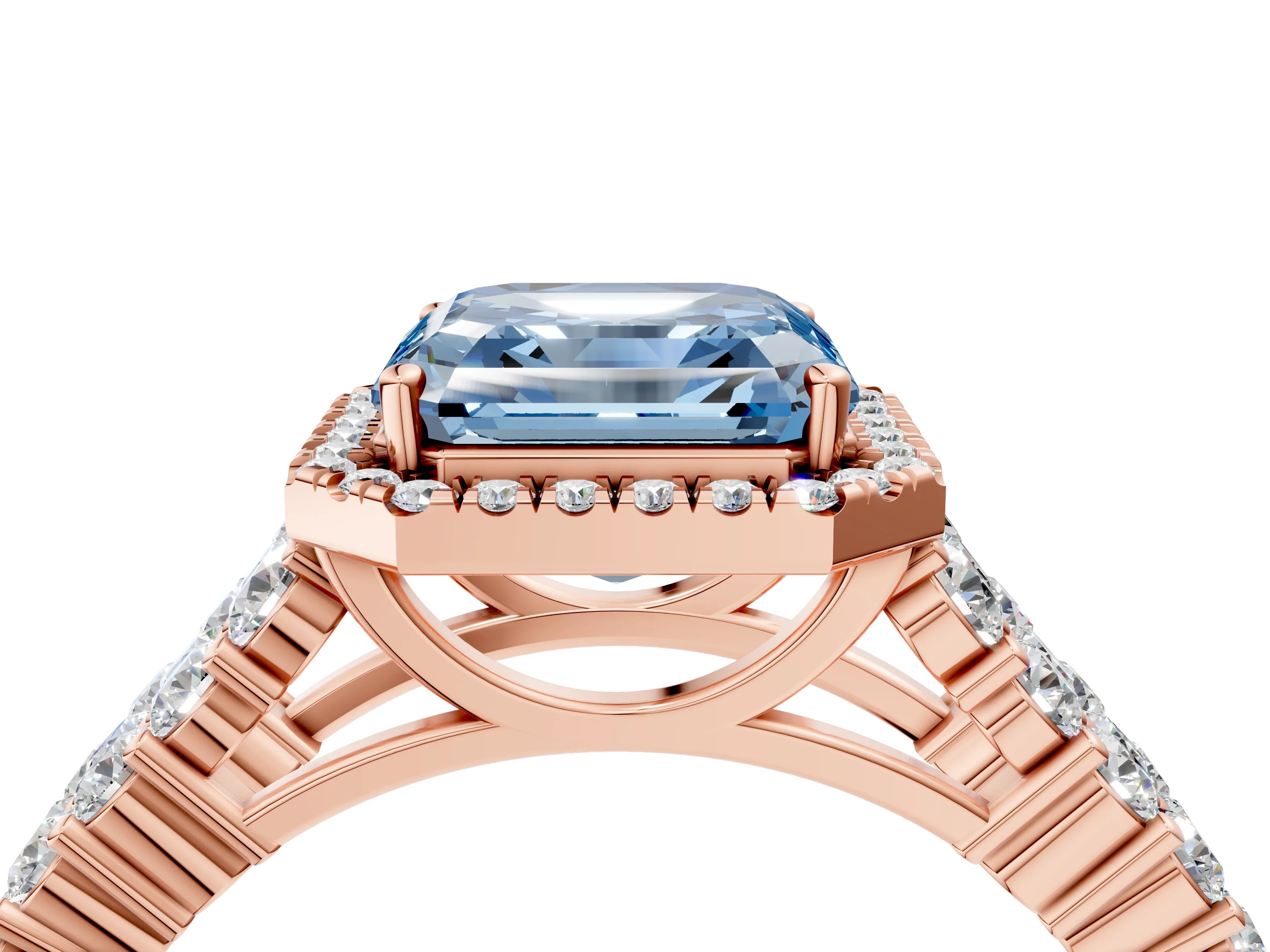 Rose gold Fancy Blue Asscher Cut Halo Pavé Diamond Engagement Ring with Split Shank and Four-Prong Setting_7