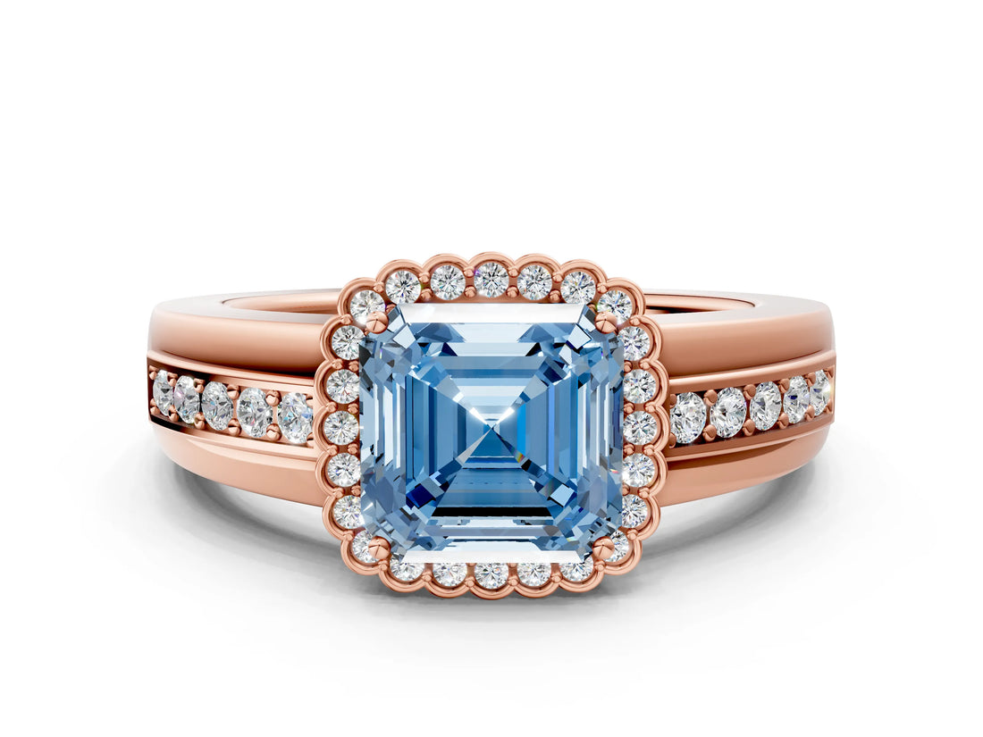 Rose gold Fancy Blue Asscher  Cut Halo Pave Band Four-Prong Ring_29