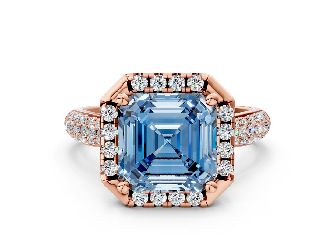 Rose gold Fancy Blue Asscher  Cut Halo Pave Band Four-Prong Setting Ring