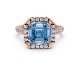 Rose gold Fancy Blue Asscher  Cut Halo Pave Band Four-Prong Setting Ring