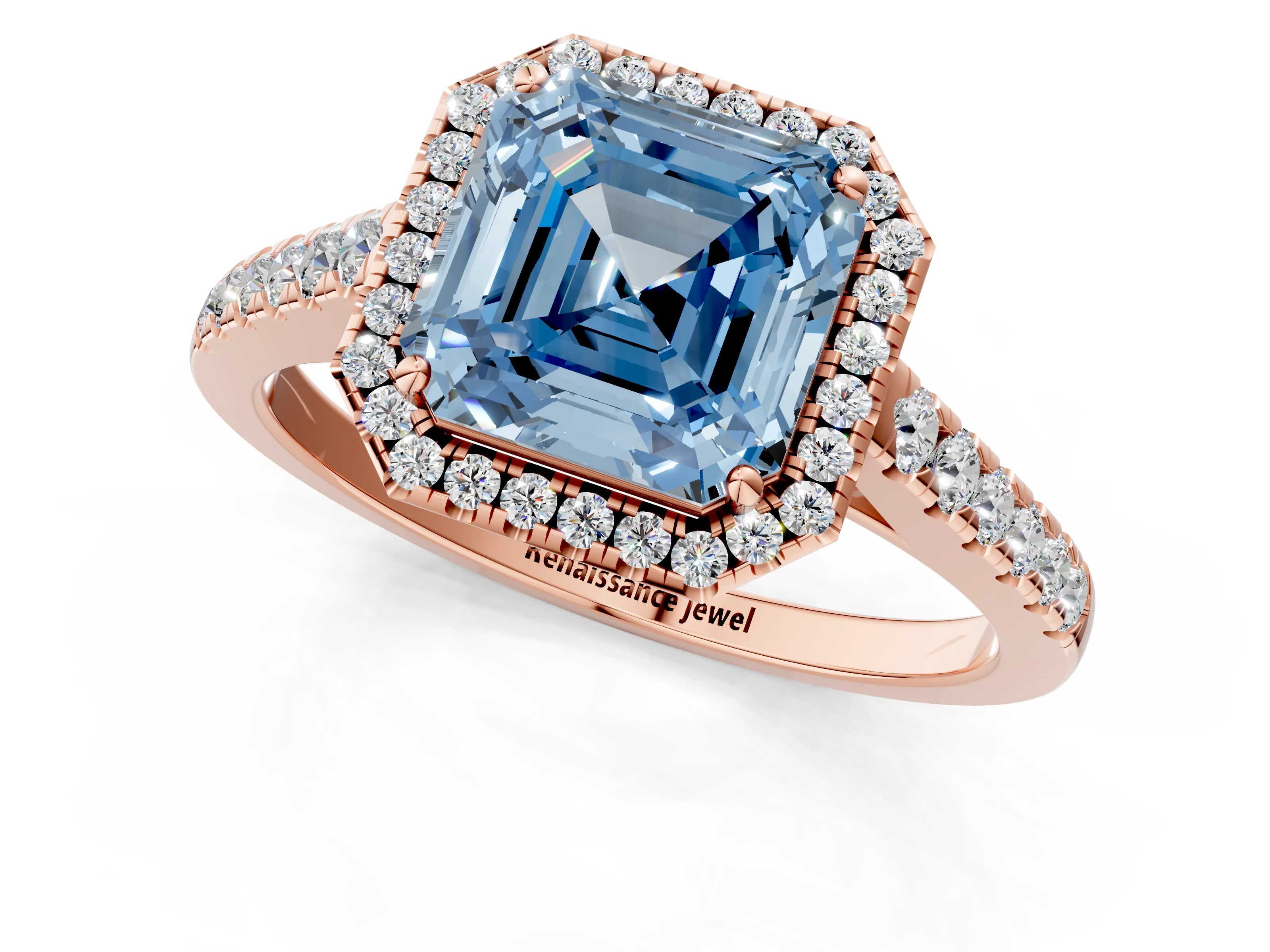 Rose gold Fancy Blue Asscher Cut Halo Pave Diamond Engagement Ring with Four-Prong Setting_1