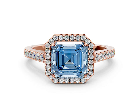Rose gold Fancy Blue Asscher Cut Halo Pave Diamond Engagement Ring with Four-Prong Setting