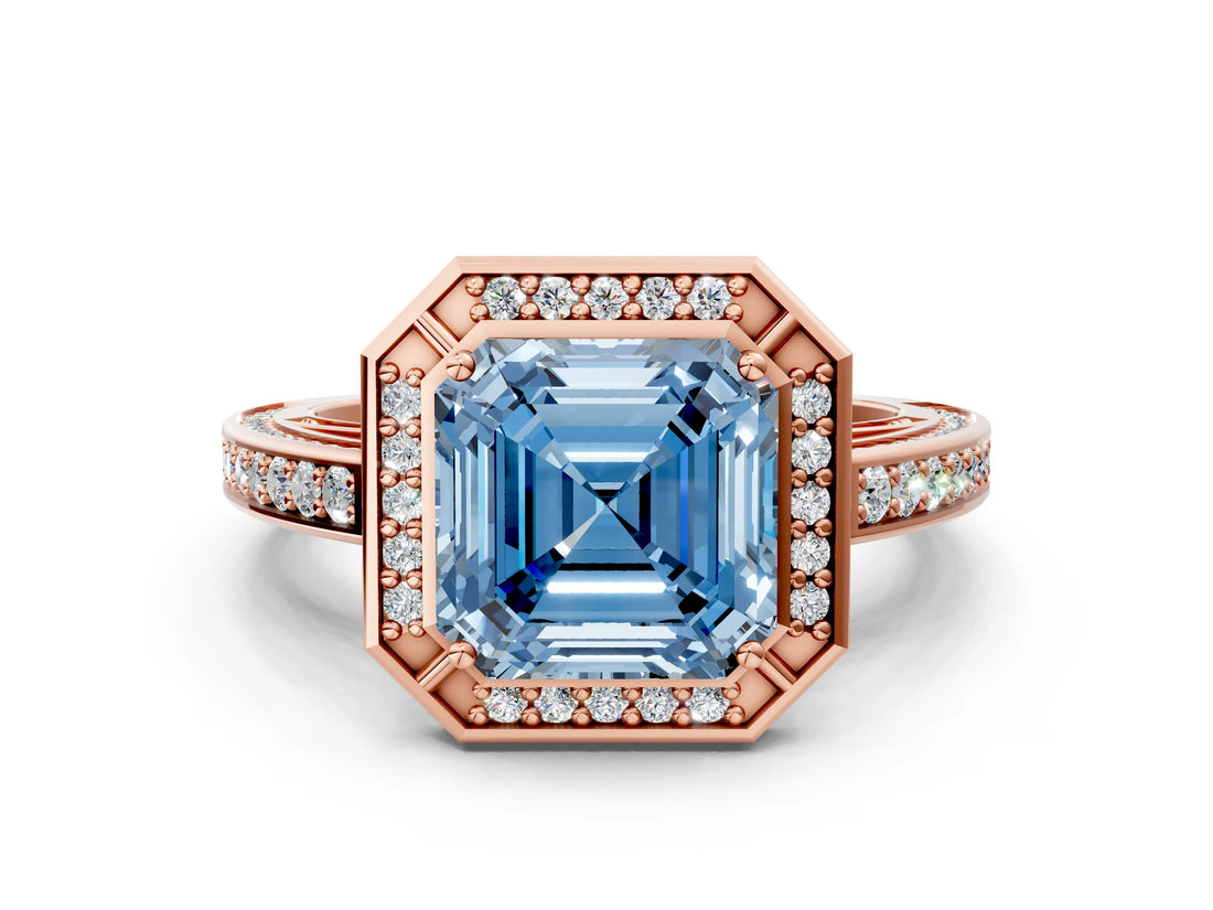 Rose gold Fancy Blue Asscher  Cut Halo Pave Split Shank Prong Setting Ring_69